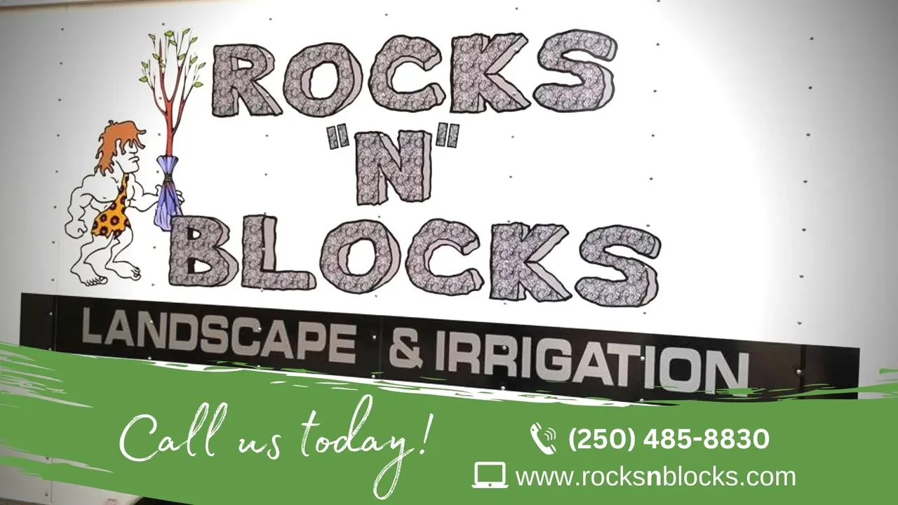 Rocks N Blocks Landscape and Irrigation company sign and mascot