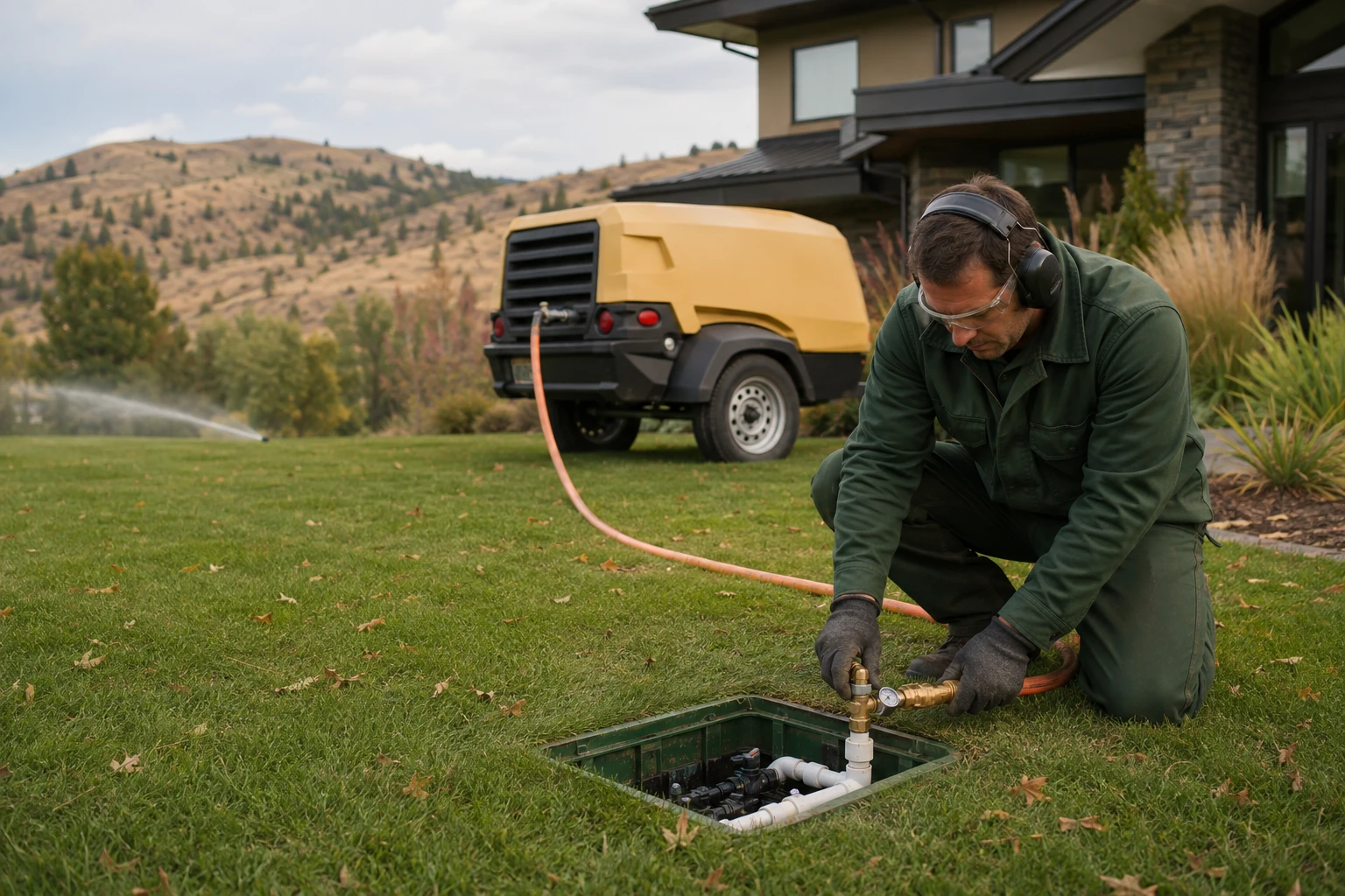 AI-generated illustration of an irrigation technician connecting a compressor for sprinkler winterization