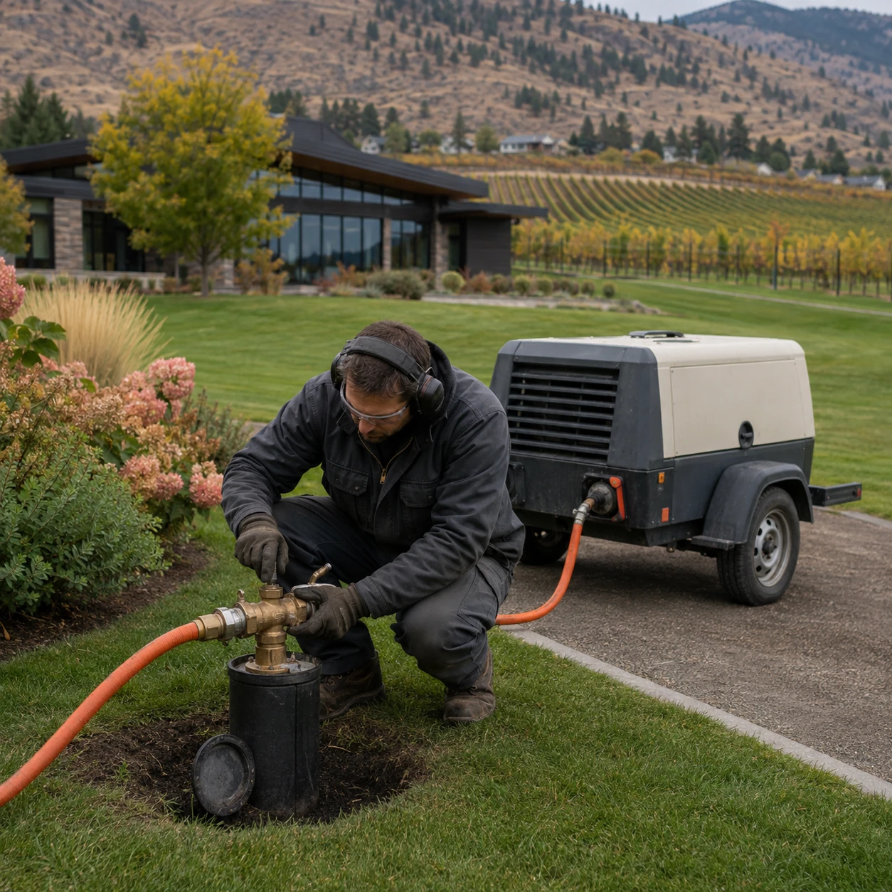 AI-generated illustration of commercial irrigation blowout service at a large vineyard property