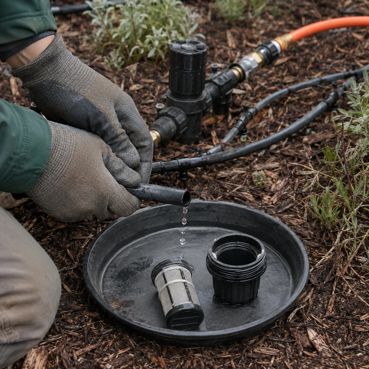 AI-generated illustration of drip irrigation tubing being drained and its filter removed for winterization
