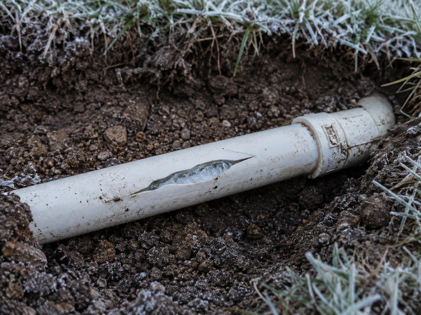 AI-generated illustration of a split PVC irrigation pipe with trapped ice