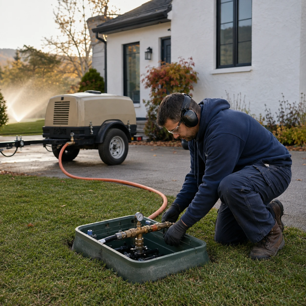 AI-generated illustration of a technician winterizing residential irrigation with a connected air compressor