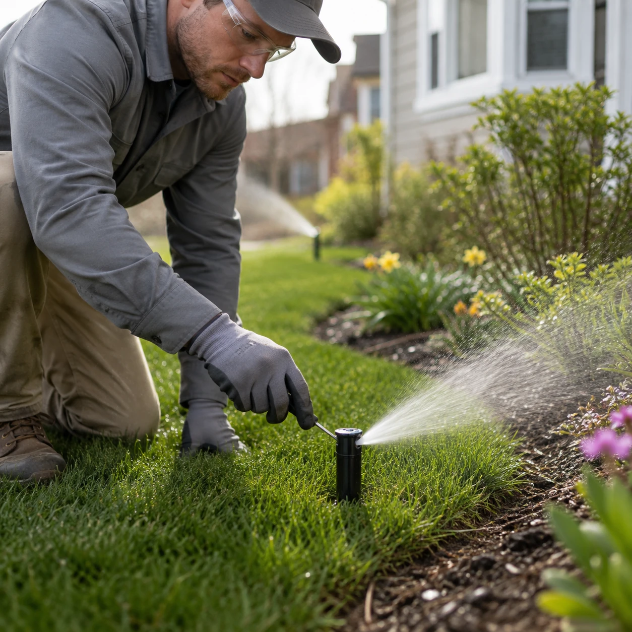 AI-generated illustration of a technician adjusting an operating sprinkler during spring startup