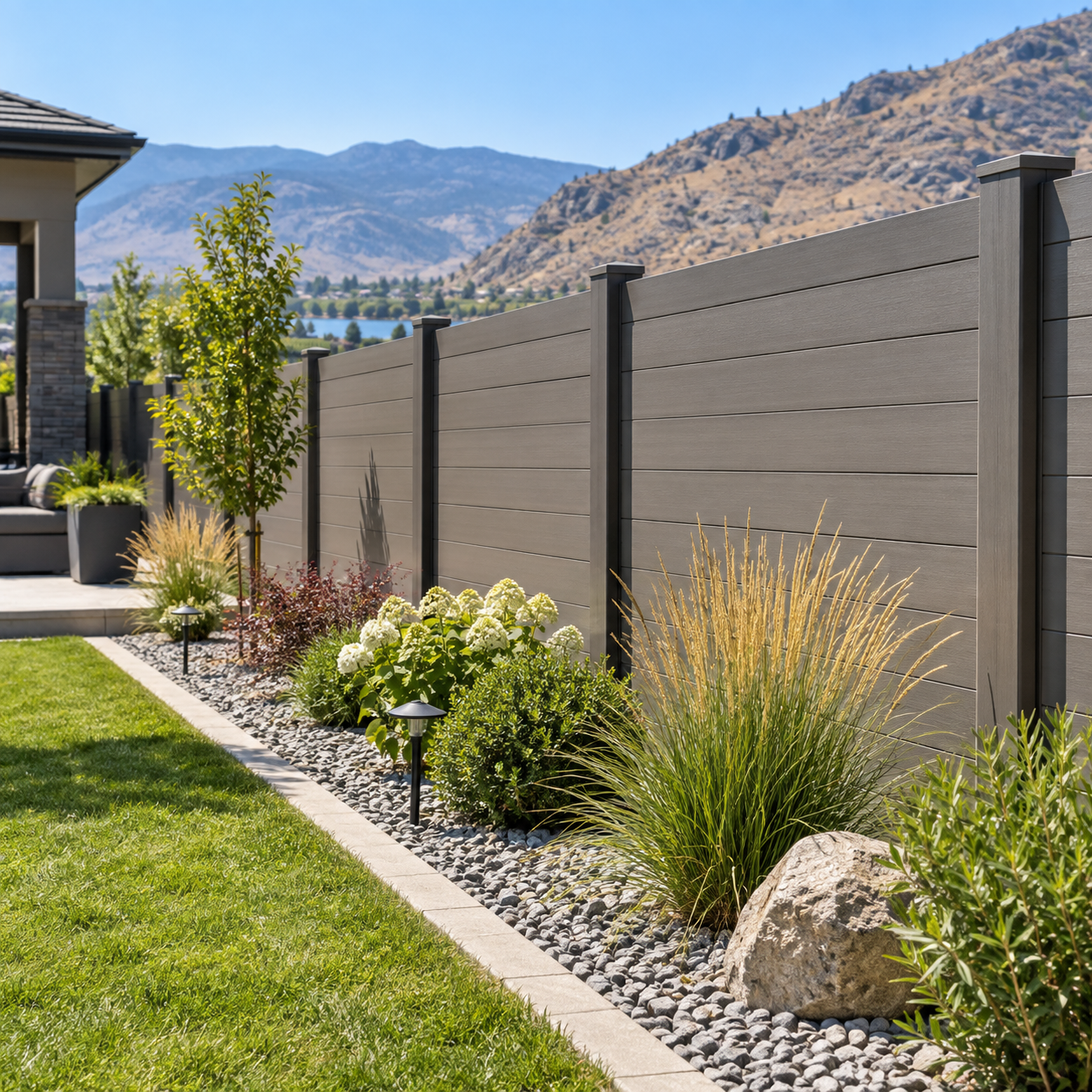Grey composite privacy fence bordering a lawn and planted garden
