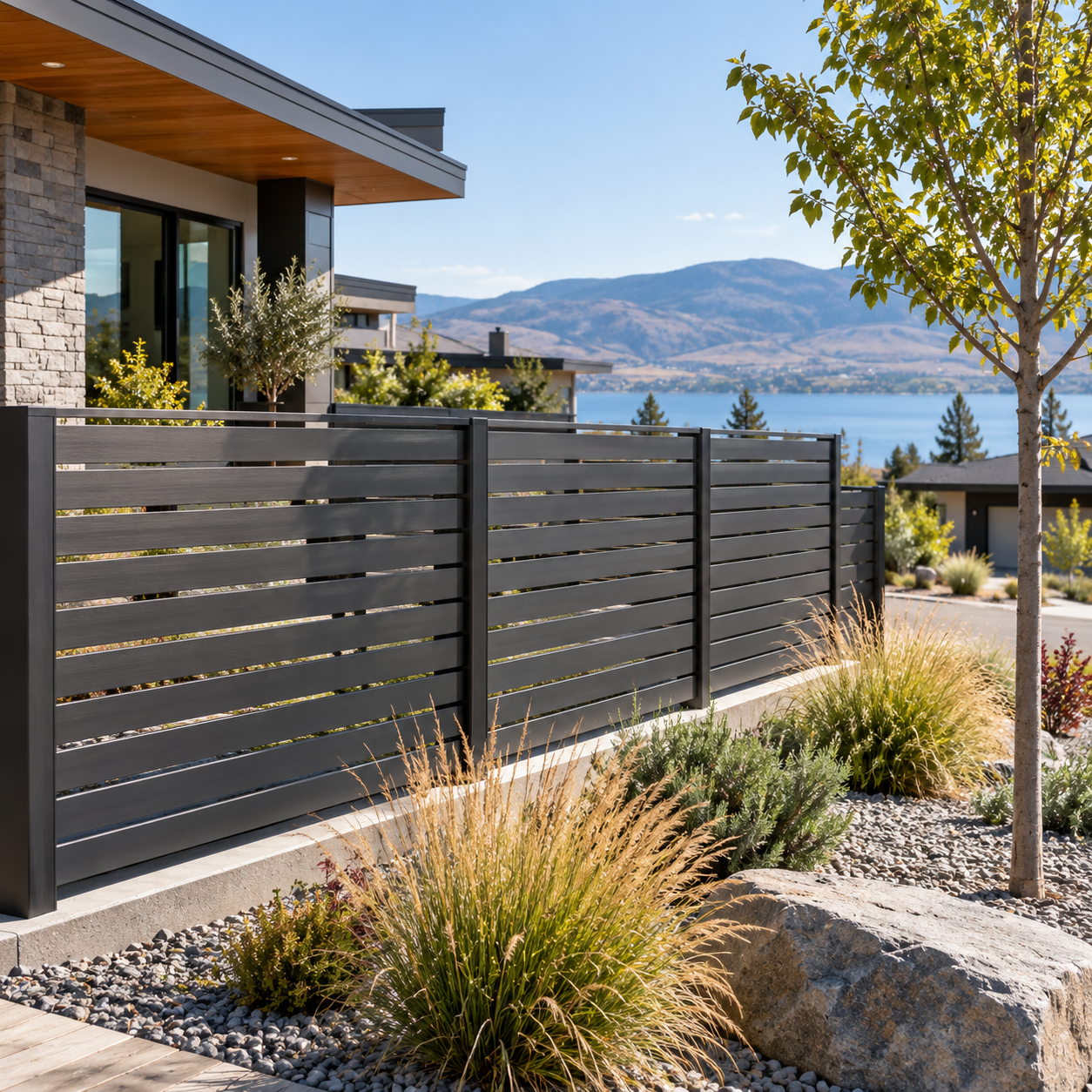 Charcoal horizontal slat fence beside a landscaped lakeside home