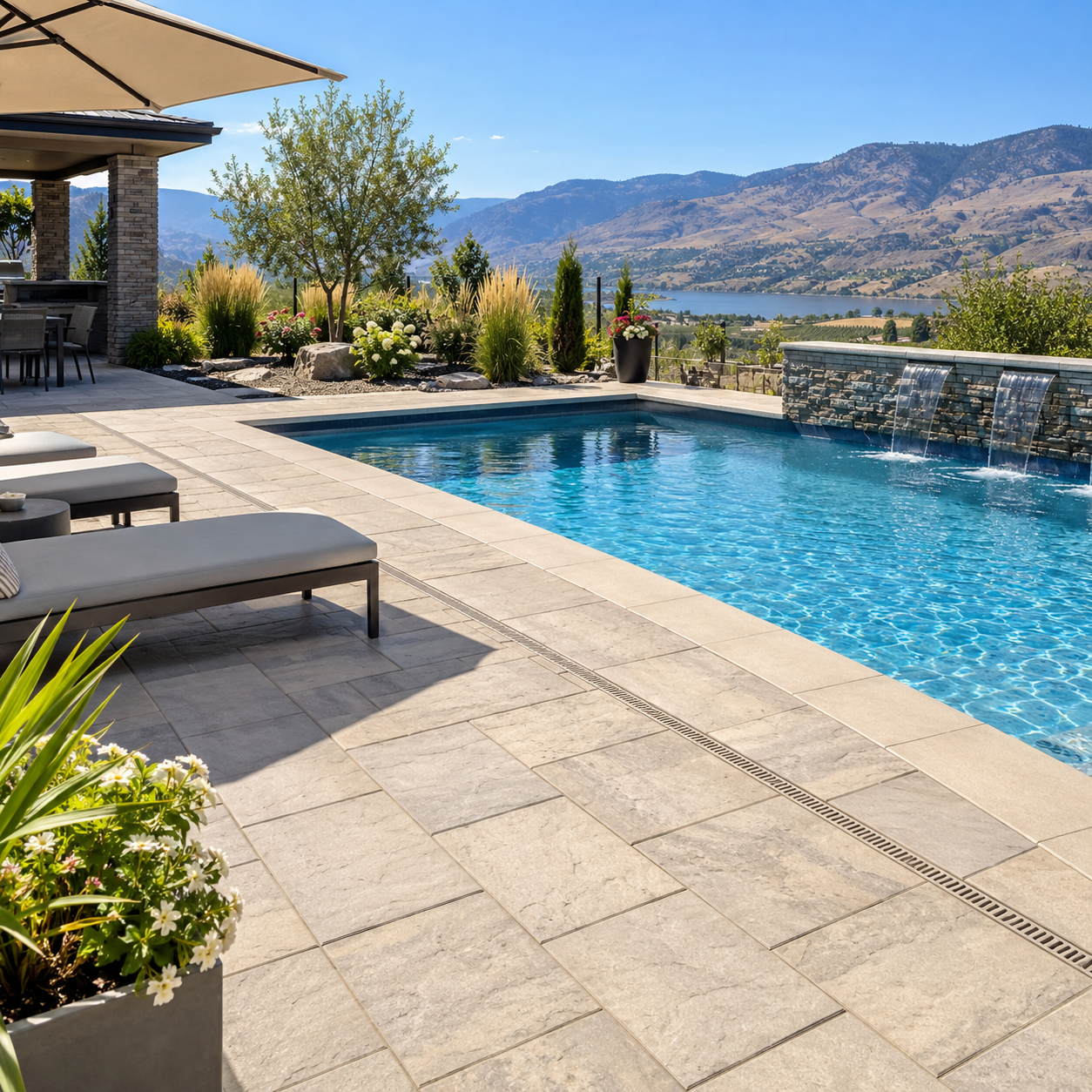 Paver pool deck with waterfalls and a lake and mountain backdrop